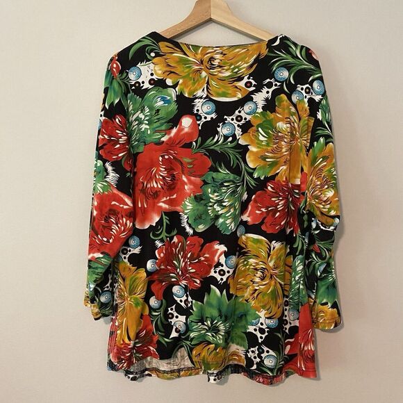 Kaktus Womens Floral Sequined V-neck Top 2X Bold Pattern Colorful 3/4 Sleeve - Picture 4 of 7